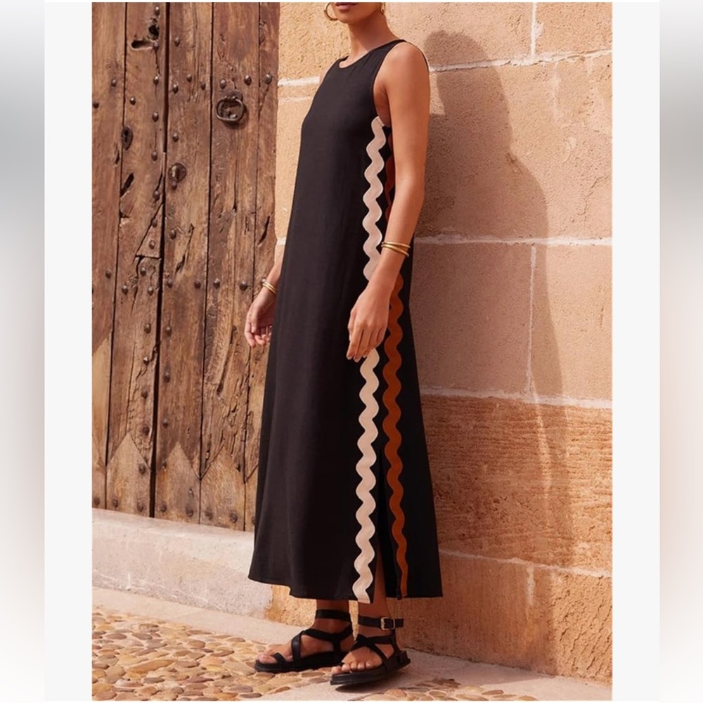 Elegant Black Sleeveless Dress w/contrast Ric Rac Trim, Black, Size XL